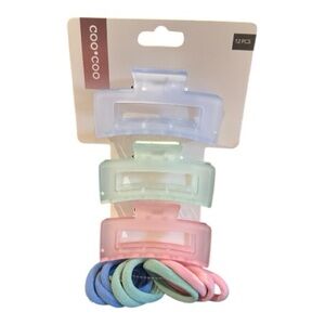 Hair Clips and Band Set - Blue, Green, Pink